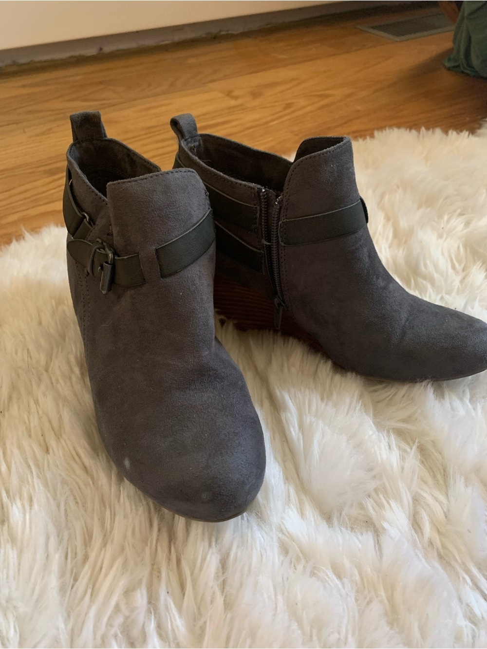 Report Gray Suede Ankle Booties with Side Buckle